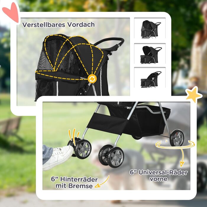 Візок для собак PawHut, розкладний буги для маленьких та мініатюрних собак, візок для котів з кошиком для зберігання, тримачем для чашок, сітковими віконцями, чорний