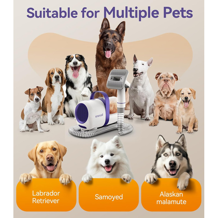 Пилголом для собак Oneisall з щіткою, потужність 12000Pa, видалення шерсті тварин, 4 насадки, об'єм 1.5л, фіолетовий