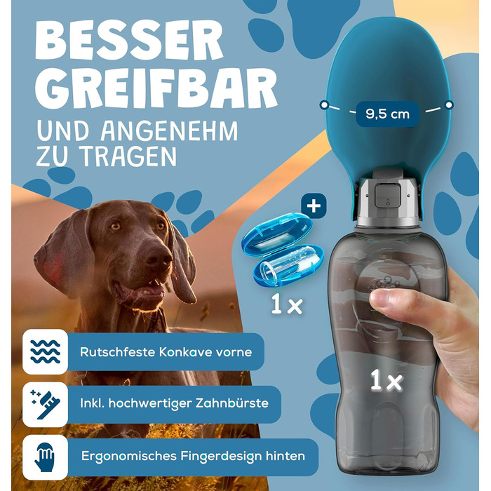 Набір для собак 2 шт: велика складана пляшка для води 800 мл та щітка для зубів | Пляшка для собак преміум-якість, блакитна, 800 мл