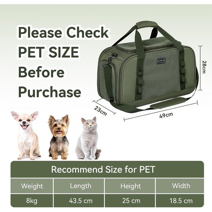 Транспортувальна сумка для котів і собак Petsfit, авіаційна, з ковдрою, міцна та дихаюча, оливкова, 49x23x28 см