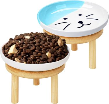 Набір мисок для котів з бамбуковим підставкою (2 шт.), 15 см, кераміка, зручні для вусів, зелені