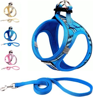 Нашийник для собак маленьких порід з повідком, анти-тягнучий, світловідбиваючий, дихаючий, нагрудник для цуценят (S, обхват грудей: 29-33см) (Синій в клітинку, XL (обхват грудей: 46-53см, вага: 8-10.5кг))