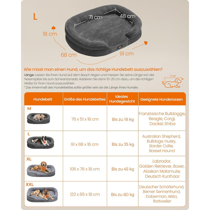 Ліжко для собак Feandrea, ортопедичне, середнього розміру, 76x51x18 см, водовідштовхувальне, знімний чохол, антиковзаюче покриття, сірий колір