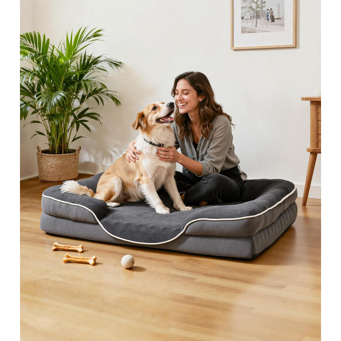Ортопедичне ліжко для собак великого розміру, м'яке плюшеве, з антиковзною основою, для собак та котів, сіре, 89x63x16 см, знімний чохол
