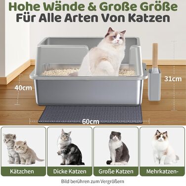 Кішниця для котів Gimars XL з металу – герметична кішниця для котів з нержавіючої сталі, миска з захистом від протікання, лопатка та килимок, підходить для великих, середніх та маленьких котів (світло-сіра з килимком)