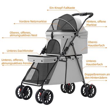 Візок для собак Homewell 2 в 1, сірий, 67x50x95 см: двоярусний, з підсклянниками, складний, з гальмом