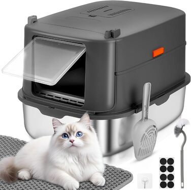 Котячий туалет з нержавіючої сталі Papettly XXL з кришкою, 30 л, знімний високий бортик, килимок для наповнювача, легке очищення, 58x42x40 см