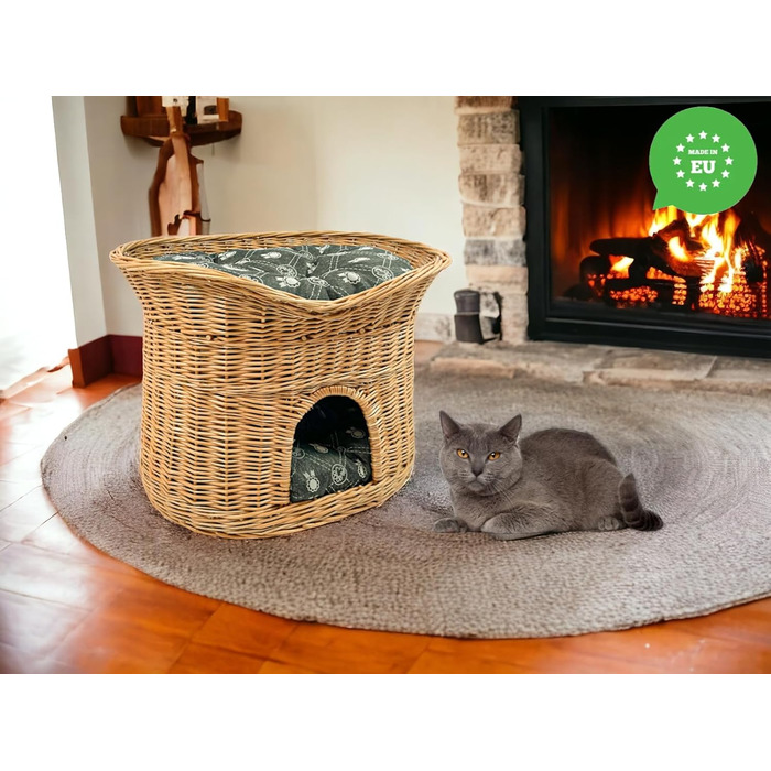 Кошик для котів XL 70 см овальний з лози, двоповерхове ліжко для котів і собак з м'якими темно-сірими подушками, натуральний колір, котяча хата для дому