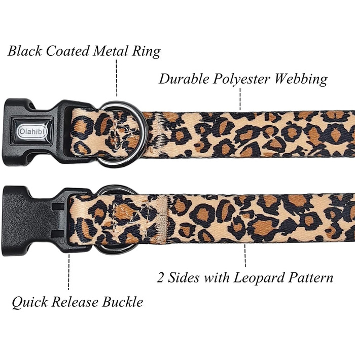 Набір для собак Olahibi: повід та нашийник, леопардовий принт, поліестер, 150 см, для маленьких собак (розмір S, коричневий леопард)