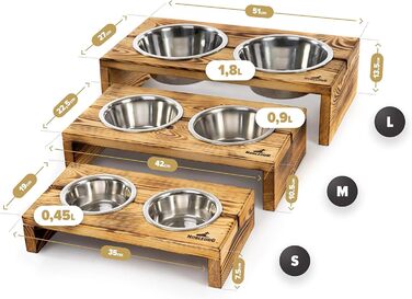 Миска для собак і котів Nobledog з кедрового дерева, станція для годування з двома мисками з нержавіючої сталі, об’єм 2×0,6 л