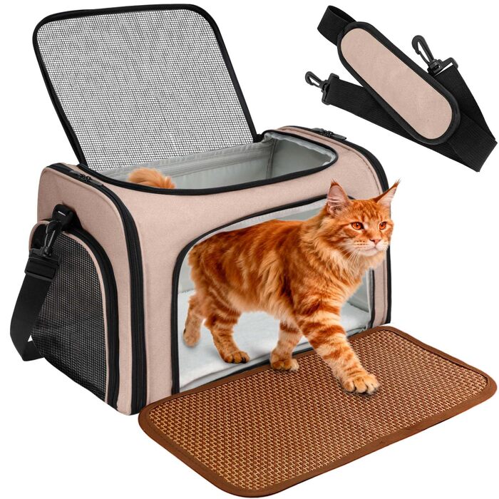 Транспортна сумка для котів та маленьких собак – складана, добре провітрювана переноска. Сумка для котів з водонепроникним вкладишем для безпечного транспортування до ветеринара, у подорожах та в автомобілі (Коричнева)