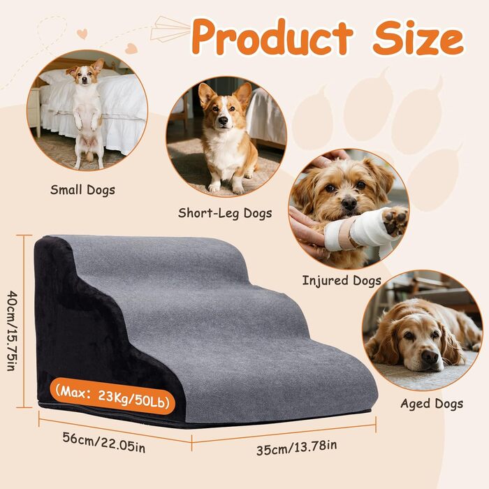 Сходинки для собак Nobleza – 3 сходинки, сірі, 35x56x40 см, з миючим покриттям та протиковзким дном