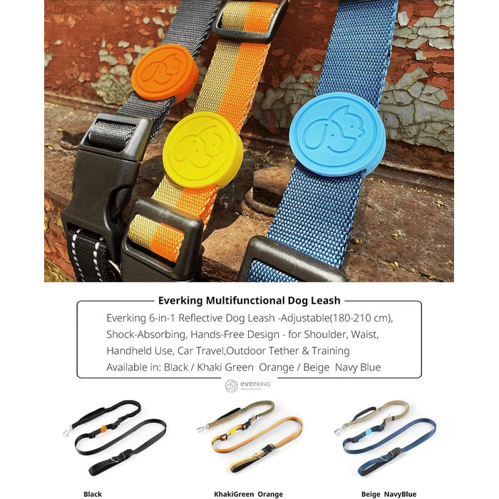 EVERKING 6-в-1 повідок для собак з живітним ременем – повідь для бігу та прогулянок, з двома ручками, антишокова пружина, кріплення для авто, альтернатива шлейці (Блакитний, Сірий, Блакитний, Хакі)