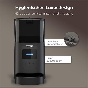 Автоматичний годівник для котів та собак Zedar A600 з контролем через APP, 6 літрів, нержавіюча сталь, чорний