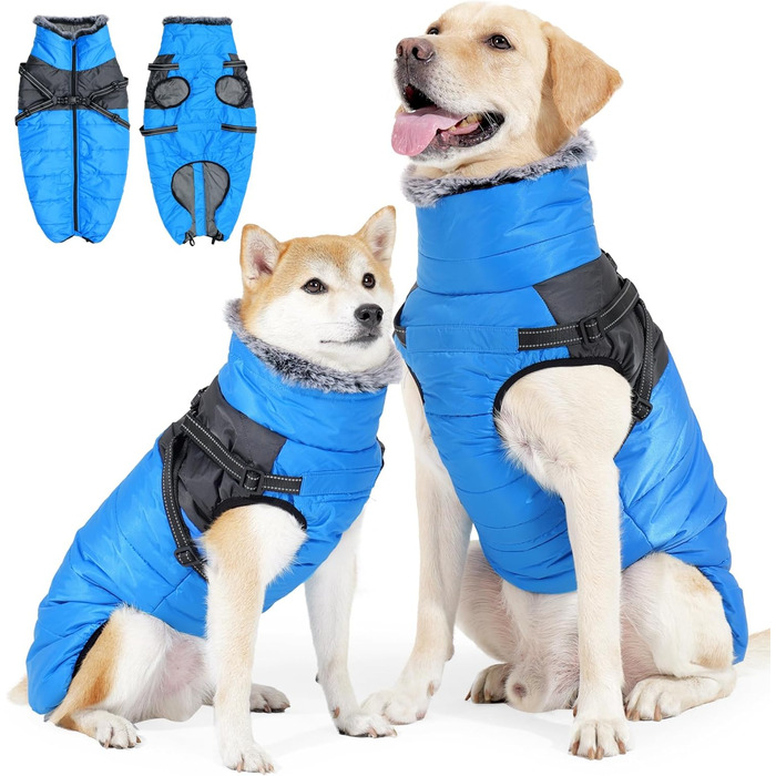 Зимовий одяг для собак, непромоканий та вітронепроникний, теплий з високим коміром, інтегрованим дзвоником, світловідбиваючими елементами та блискавкою – ідеальний для холодної погоди та снігу (Blue, XXL)