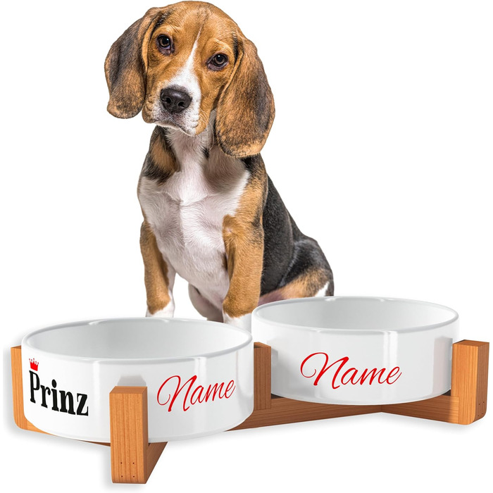 OWLBOOK Миска для собак з гравіюванням імені, подвійна миска для корму та води з кераміки та бамбука, 300 мл