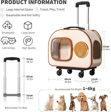 Транспортна переноска для собак PETCUTE з колесами, складаний рюкзак для котів з внутрішнім страхувальним ремінцем, портативна та дихаюча, рюкзак для собак з знімними колесами, для маленьких собак та середніх котів (Бежевий з візком)
