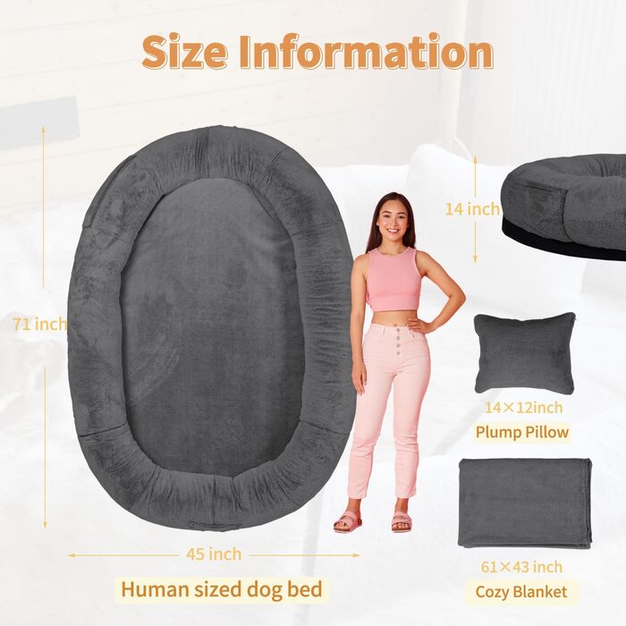 Крісло-мішок для собак та людей NESTROAD, 180x114x35 см, сірий, з штучним хутром, подушкою та ковдрою