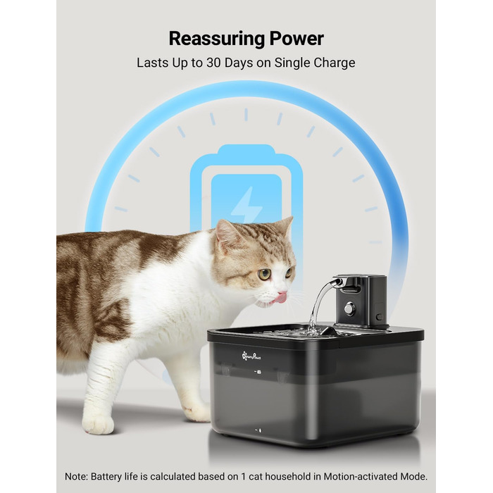 Автоматичний котячий фонтан DownyPaws, 2,5 л, бездротовий, з датчиком руху, BPA-free, чорний, 6 фільтрів
