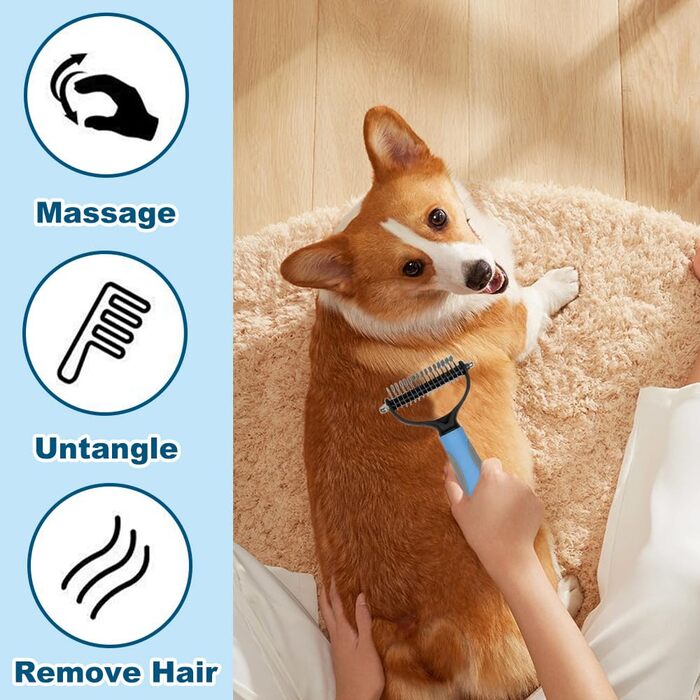 Двостороння щітка для видалення підшерстка для собак та котів, 2-в-1, синій котячий дизайн, видаляє ковтуни та шерсть