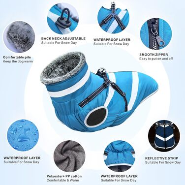 Водонепроникні куртки для собак, зимові теплі сорочки для собак, одяг для домашніх тварин з відбиваючими елементами, зимові куртки для собак, затишні костюми для снігу, куртка-жилет для маленьких, середніх та великих собак (блакитний, XL)