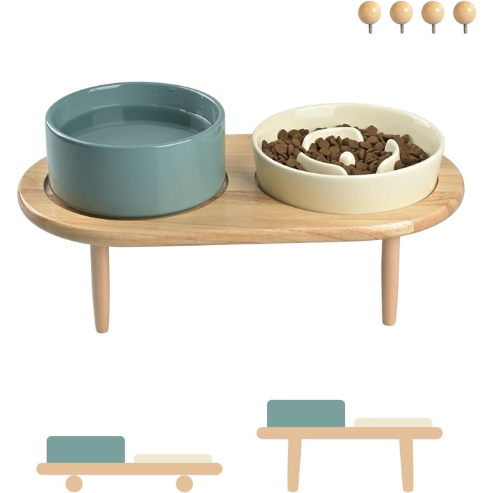 Набір керамічних мисок для собак та котів SpunkyJunky: миска проти запобігання ковтання + підставка з бамбука (Бежевий + Темно-зелений), Ø15.5 см
