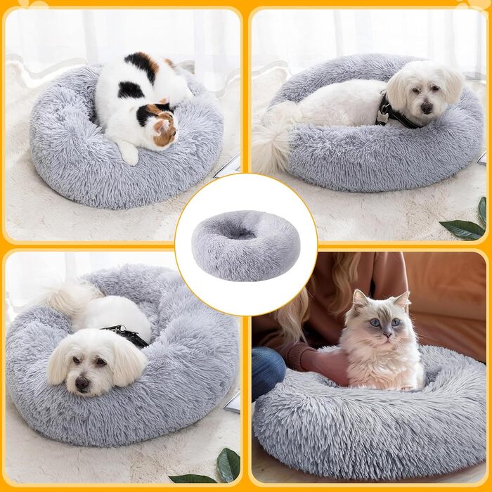 М'яке ліжко для собак середнього та маленького розміру, котяче ліжко, круглий килимок для собак, знімний та пральний килимок для собак, діаметр 50 см, довгий плюш, неслизьке ліжко для собак, диван для собак з високим бортиком, сірий колір