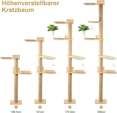 Кігтеточка для котів Youyijia 206 см з натурального каучукового дерева, 5 ярусів, настінна, з розширеною основою, плюшевими кульками, 360° обертання, XXL кігтеточка для котів