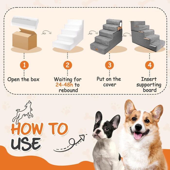 Східці для собак Nobleza - пандус для тварин з валиком для ворсу, 5 сходинок. Підходять для собак та котів, для ліжка та дивану