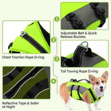 Жилет рятувальний для собак CITEKOILE з ручкою та світловідбиваючими елементами, регульований, для малих, середніх та великих собак, для водних видів спорту, плавання та катання на човні, (S, Зелений)