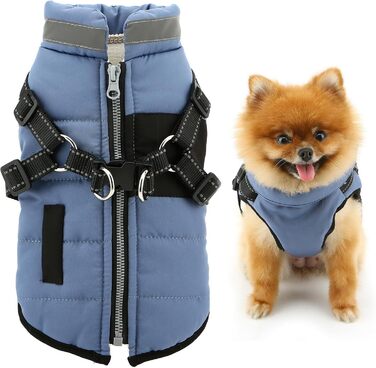 Теплий зимовий одяг для собак та котів - флісова куртка з повдком, D-подібним кільцем, світловідбиваючими елементами, для чихуахуа, йоркширського тер'єра (блакитний, XS)