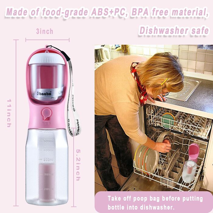 Водяна пляшка для собак Cibaabo з контейнером для корму та тримачем для відходів, 590 мл, портативний диспенсер для домашніх тварин, з витокозахисним замком, фільтром з активованого вугілля для пиття, годування, подорожей, прогулянок та походів