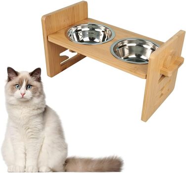 Підвищений годівниця для собак та котів 2-в-1, 4 регульовані висоти, антиковзкий стійкий підставка з нержавіючою чашею, підходить для всіх порід (бамбук)
