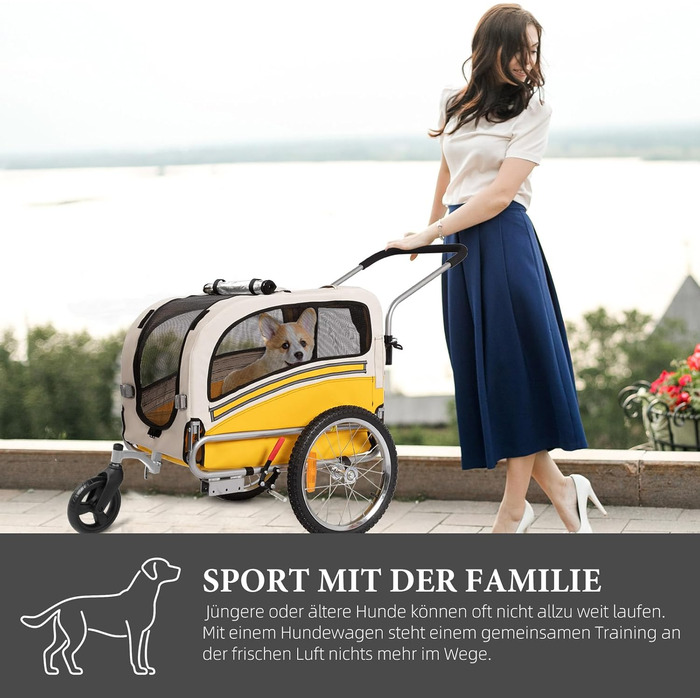 Причеп-перевозник для собак 2-в-1 для велосипеда та бегу - для собак до 30 кг, складний, з гальмами, сигнальним прапорцем, для активного відпочинку та дому, легко збирається (Жовтий)