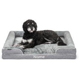 Ортопедичне ліжко для собак Lionto з піднятим бортиком, 89x63x17 см, міцне лежання з м'якого фланелі, знімний та пральний чохол, неслизьке, для маленьких та великих собак та котів, сіре (з нанесенням імені)