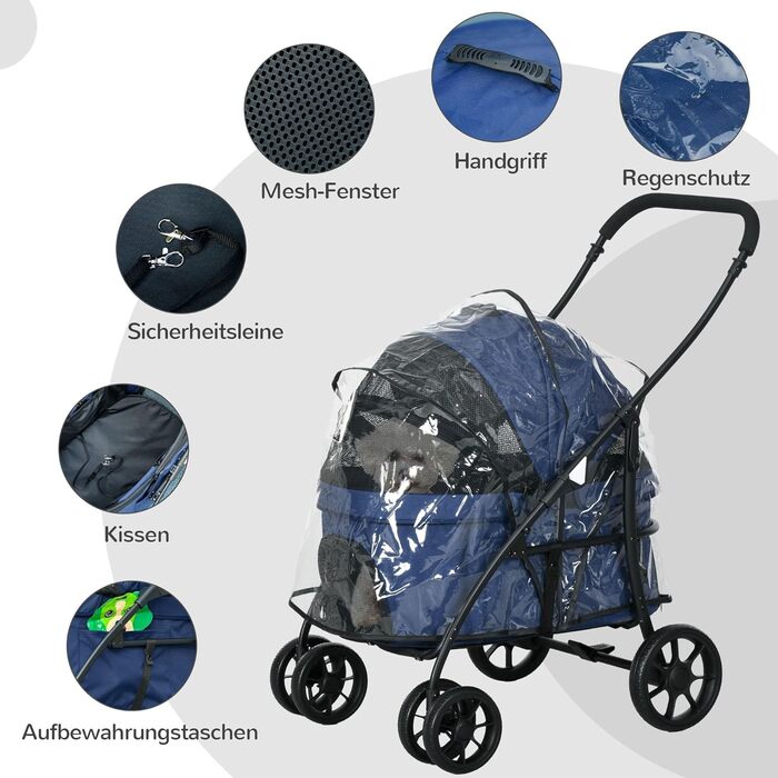 PawHut 2-в-1 візок для собак та котів з дощемником, складна конструкція, з 2 страхувальними ремінцями, для маленьких собак та котів, Оксфорд, темно-синій