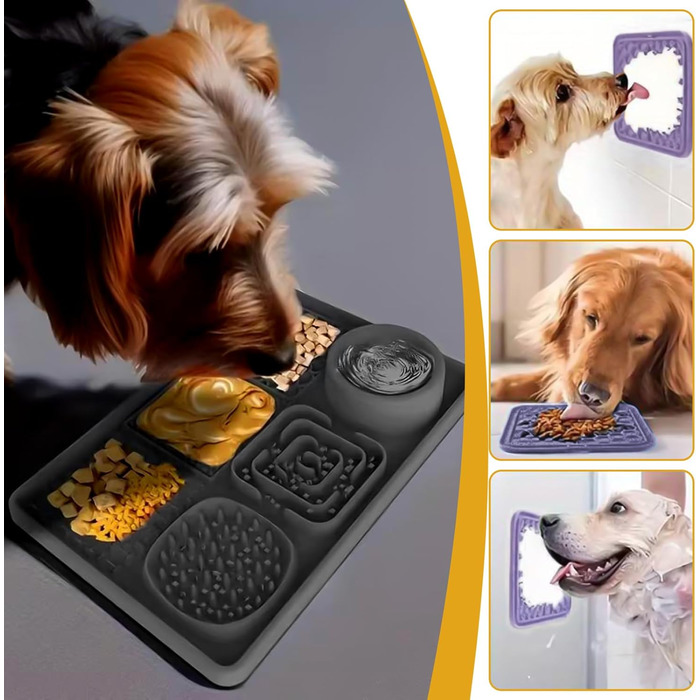 Матиця для собак 2 шт. з шпателем, лижуча килимок для собак та котів з присосками для купання, догляду за шерстю, тренувань, годівлі, повільне годування, зменшення тривоги, іграшка для собак (чорний+фіолетовий)