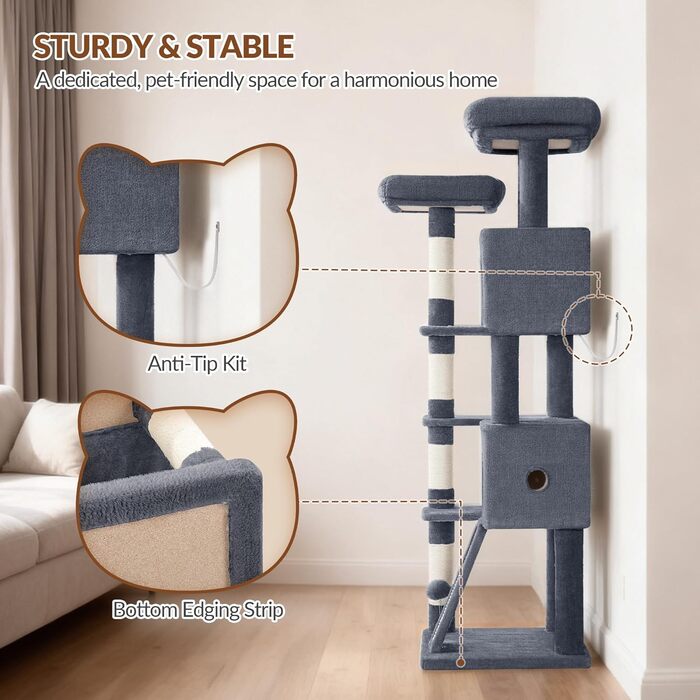 Котячий будиночок Kratzbaum 178 см, великий, стабільний з когтеточками, лежаками та платформами, сірий