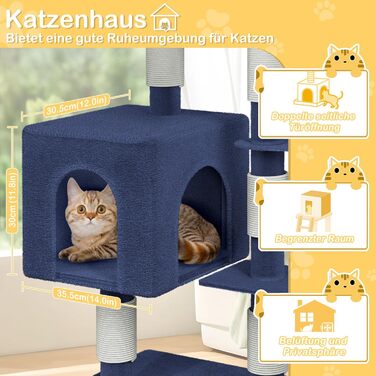 Драбина-кіготь для котів Naizy K1138, XXL, 49x41x93 см, з сизалевими стовпчиками та будиночком, блакитна