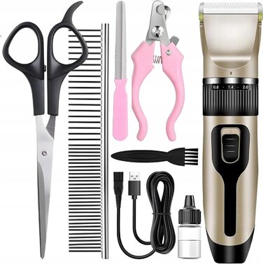 Машинка для стрижки собак та котів LTC бездротова з акумулятором, тиха, з керамічним лезом, USB, XXL набір: 4 насадки, пилка, ножиці для кігтів, гребінець для собак