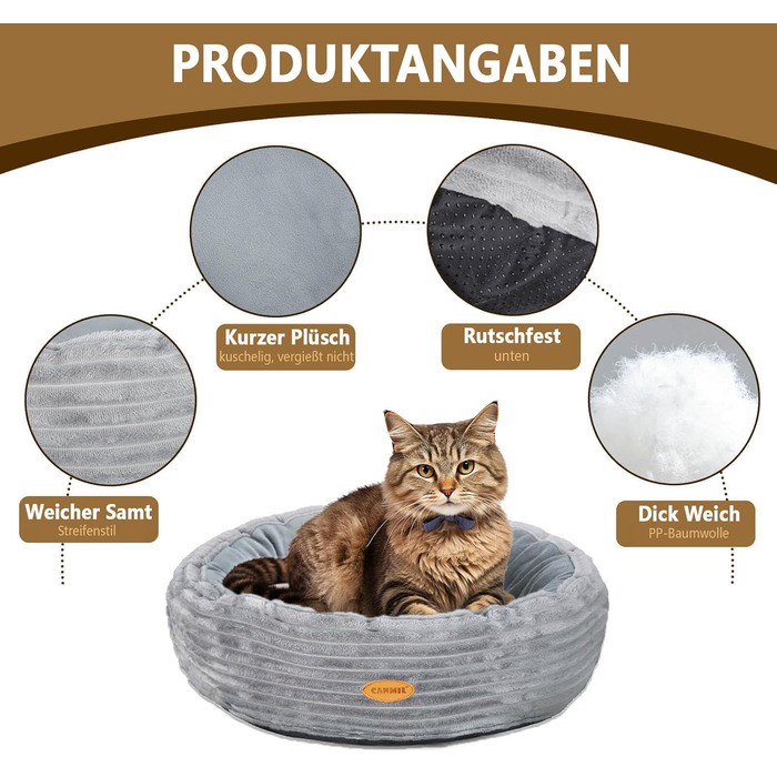 Кругле ліжко для котів та собак, сіре, 50.8 см, з м'яким флісовим покриттям, миється, зручне для сну