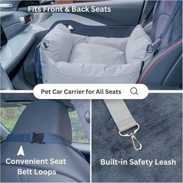 Автокрісло для собак - переноска для маленьких собак до 11,3 кг, водовідштовхувальне, з ременем безпеки, сірого кольору