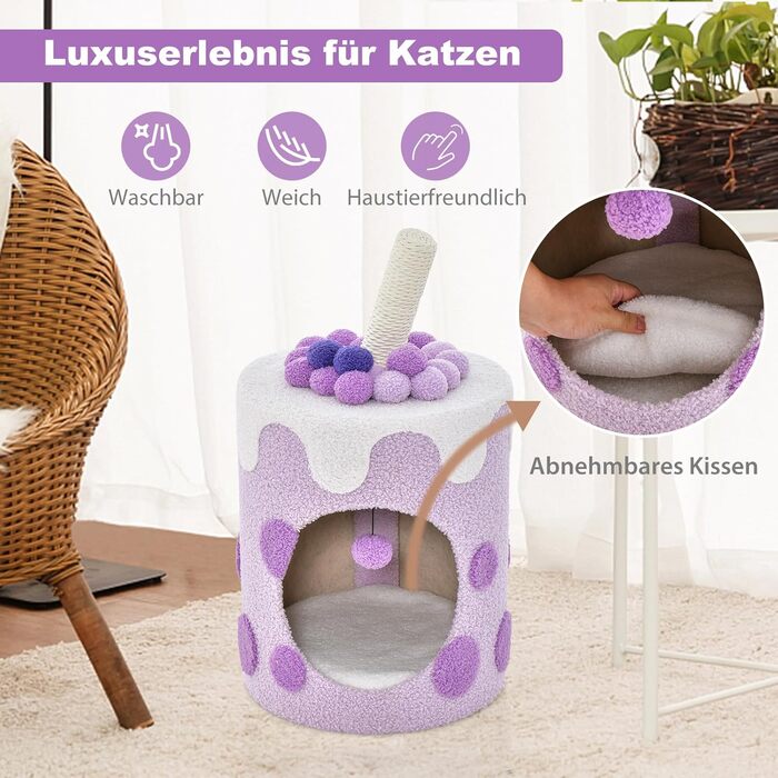 Котячий будиночок COSTWAY з когтеточкою, фіолетовий, 37x37x67 см