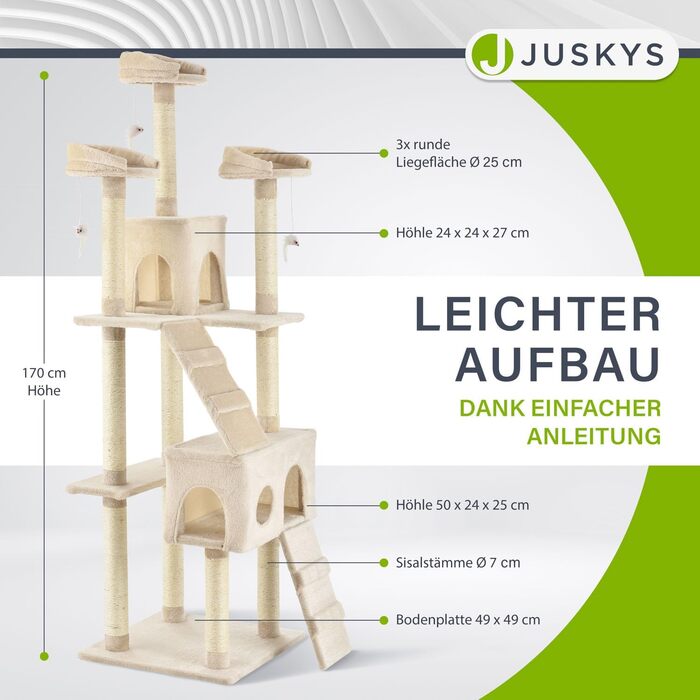 Когтеточка для котів Juskys XXL Amy 170 см, бежевий – багаторівневий котячий комплекс з лежаками, драбинами, будиночками та стовпчиками із сизалю, стійкий кіт-дерево