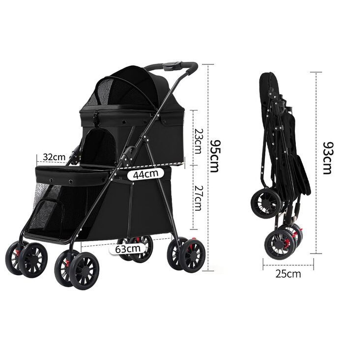 Дитяча коляска 3 в 1 для собак та котів, складні, з 4 EVA-колесами, ручка, 3 вікна з сітки, тримач для напоїв, для маленьких та літніх собак, тролей для людей з обмеженими можливостями (67 x 50 x 95 см, Чорний)