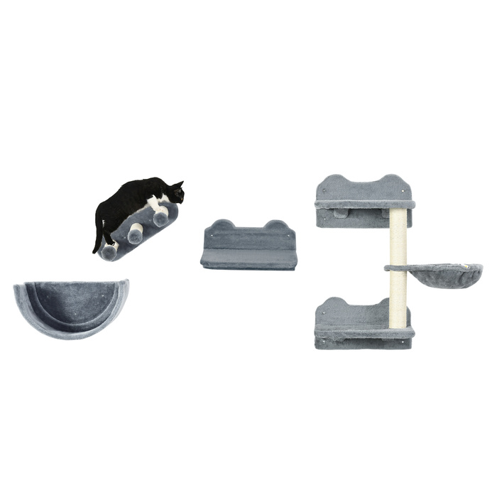 PawHut Cat Climbing Wall 4 шт., Кігтеточка для скелелазіння з котячими сходами, гамак, платформа для стрибків, настінне котяче дерево, настінні меблі для кішок, до 5 кг| Аосом