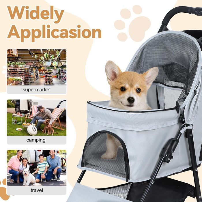 Складаний візок для тварин та дітей з обертовими колесами на 360°, кошиком для зберігання, міцним металевим каркасом та дихаючими сітчастими віконцями – портативний переносник для котів та собак до 22 кг (Сірий)