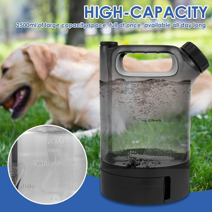 Водяна пляшка для собак об'ємом 2500 мл, портативна XXL велика, витокозахисна, для подорожей, парків, кемпінгу, походів (чорна)
