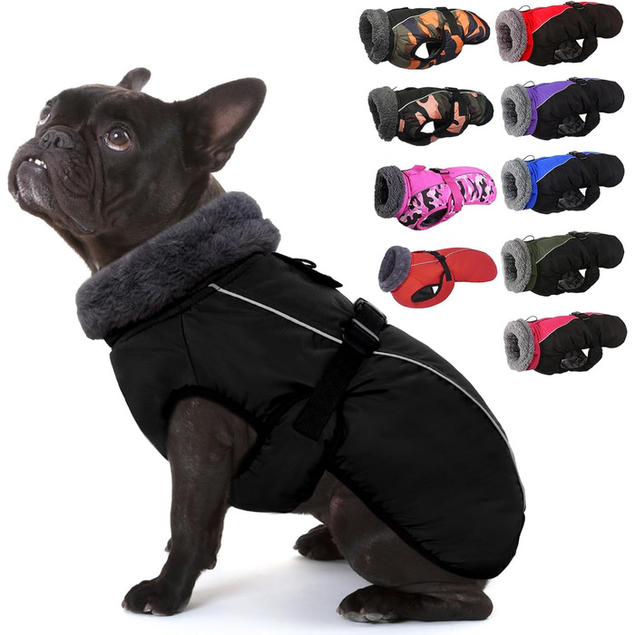 Зимовий теплий теплий одяг для собак IECOii, чорний, регульований, з пряжкою, флісова комір, для маленьких, середніх та великих собак (Large, обхват грудей 53-62 см)