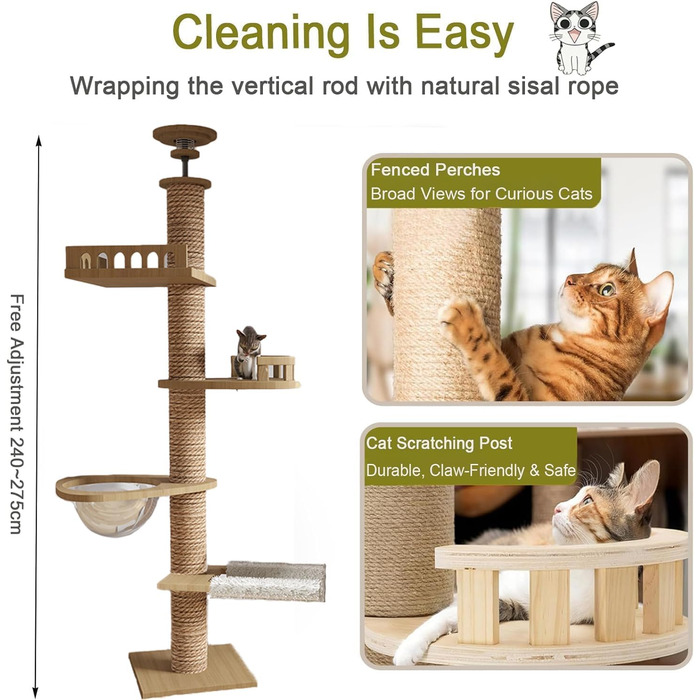 Котячий кігтетоп на стелю Kratzbaum, кігтетоп-капсула, гамак для котів, повністю обмотаний сизалевим мотузком, ширина 11 см, висота до стелі (240-250 см, 265-275 см T04)